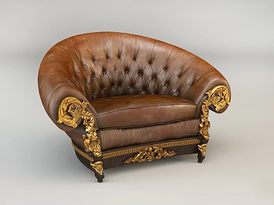 Luxurious Brown Leather Accent Chair with Tufted Backrest and Golden Carved Armrests 3d model
