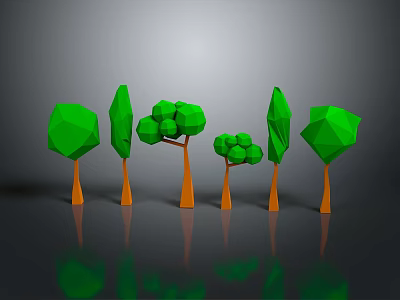 Low Poly Style Green Tree Sculptures Featuring Orange Trunks Different Shapes Grey Background and Reflections 3d model
