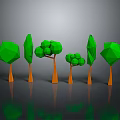 Low Poly Style Green Tree Sculptures Featuring Orange Trunks Different Shapes Grey Background and Reflections 3d model