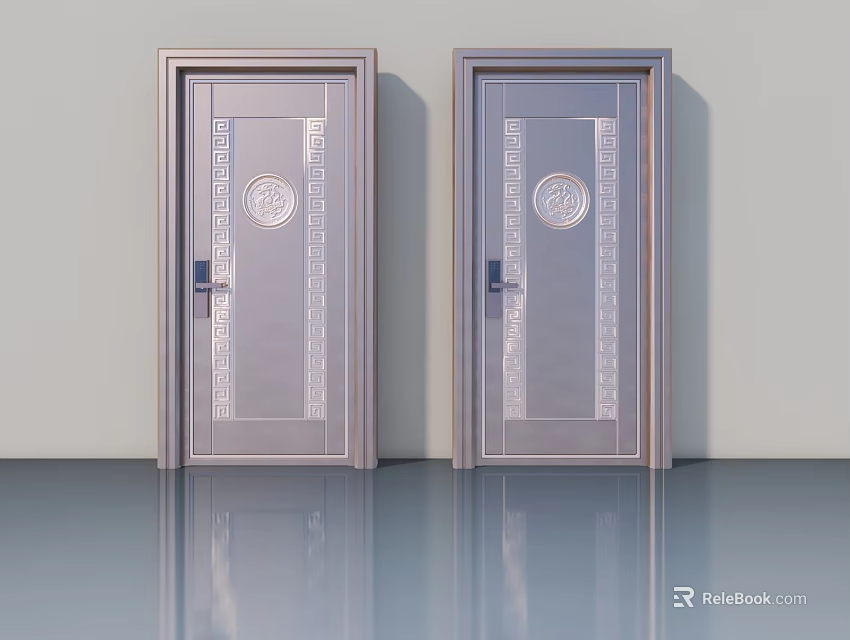 Two Modern Metal Swing Doors With Circular Ornament And Vertical Stripes Design 3d model 
