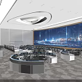 Modern Control Room With Curved Consoles Multiple Monitor Screens And Large Digital