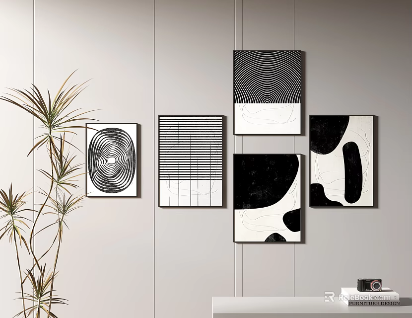 Black And White Abstract Wall Art With Potted Plant And Shelf Decor Items 3d model 