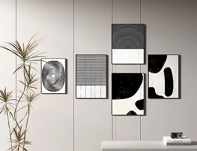 Black And White Abstract Wall Art With Potted Plant And Shelf Decor Items 3d model