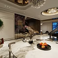 Luxurious Living And Dining Room Interior With Marble Floor Chandelier And TV Wall