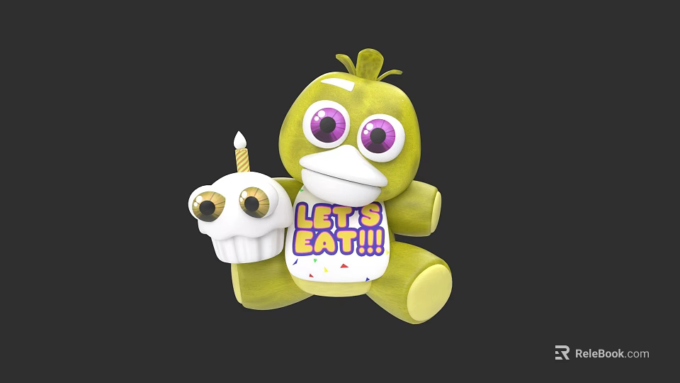 Green Plush Toy With Purple Large Eyes Holding Skull And Candle With LET'S EAT Text 3d model 