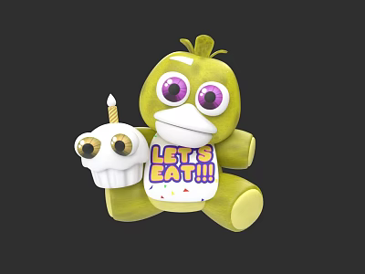 Green Plush Toy With Purple Large Eyes Holding Skull And Candle With LET'S EAT Text 3d model