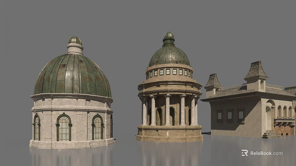 Classical European Architecture With Green Domes Columns And Arched Stone Structures 3d model 