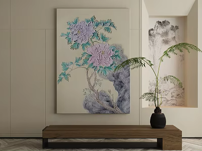 Modern Abstract Painting With Floral Motifs Green Leaves And Wooden Bench In Interior Decor 3d model