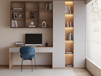 Modern Cream Style Integrated Desk and Chair Bookcase Hanging Cabinet Cream Integrated Desk and Chair Bookcase 3d model