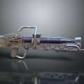 Futuristic Sci Fi Gun With Metallic Structure Complex Components And Caution Label