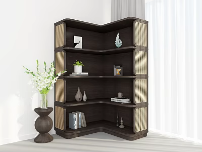 Dark Wood Corner Shelf With Woven Sides Holding Decorative Plants Books And Ornaments 3d model