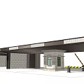 Modern Entrance Gate Design With Stone Pillars Wooden Canopy And Access Control Barrier