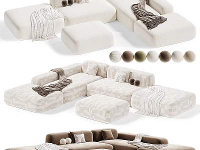 Modern Versatile Modular Sofa Design With Neutral Tones Blankets And Pillows 3d model