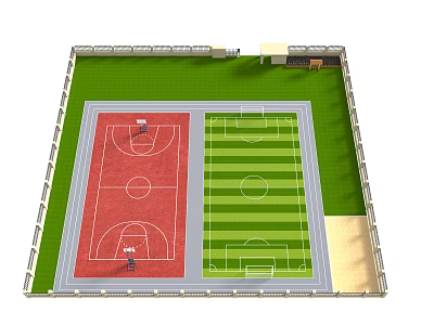 Multi Functional Sports Ground With Red Basketball Court And Green Soccer Field 3d model