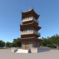 Traditional Chinese Multi Tiered Pagoda Surrounded by Green Trees and Grassland Under Blue Sky