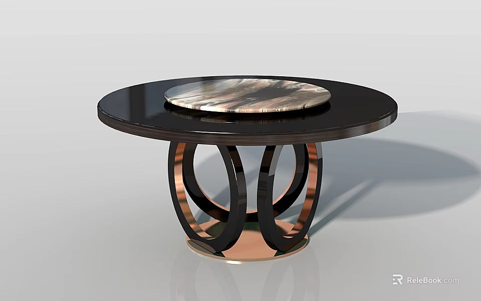 Round Dining Table With Black Frame And Marble Top On Copper Ring Shaped Base 3d model 