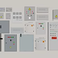 Assorted Industrial Control Panels And Electrical Enclosures With Buttons Indicators Safety Signs