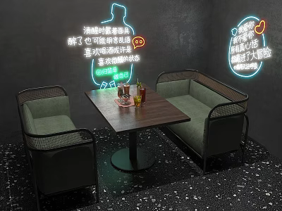 Table And Chair Set With Green Seats Black Frames Neon Signs On Gray Wall 3d model