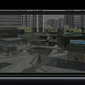 Tall Modern Buildings Surrounding Commercial Street With Plaza Water Pool And Outdoor Seating Greenery