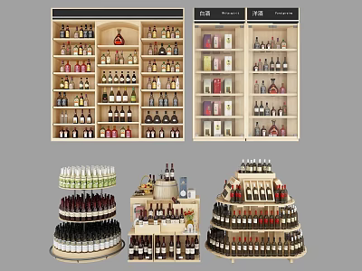 Multi Tiered Wooden Display Shelves For Retail With Wine And Beverage Bottles 3d model