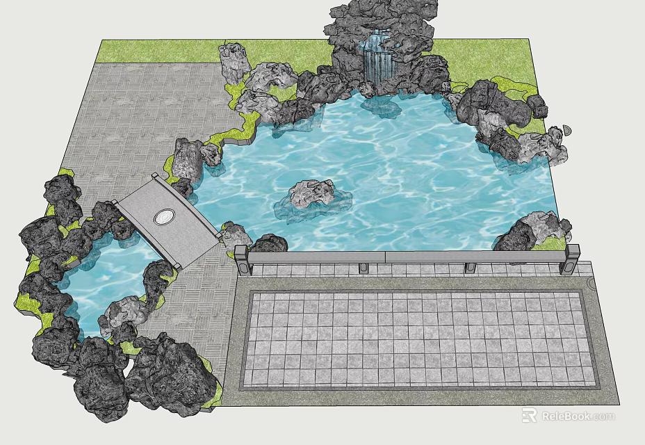Rockery Stones in Garden Landscape Design with Pond Small Bridge and Green Plants 3d model 