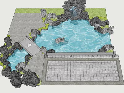 Rockery Stones in Garden Landscape Design with Pond Small Bridge and Green Plants 3d model