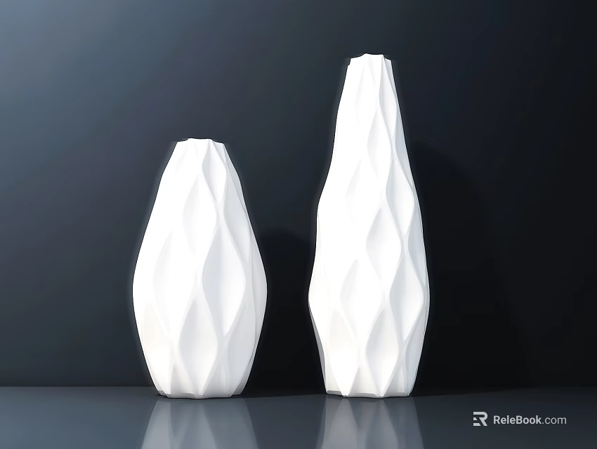 Two White Geometric Textured Vases for Flowers on Dark Table Surface Background 3d model 