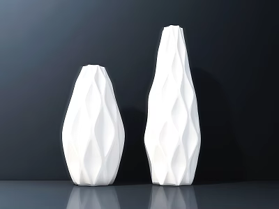 Two White Geometric Textured Vases for Flowers on Dark Table Surface Background 3d model