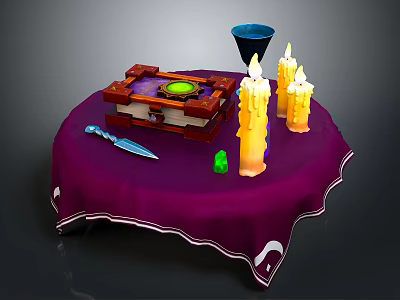Purple Tablecloth Covered Table With Wooden Box Green Gem Lit Candles Dagger And Blue Cup 3d model