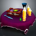 Purple Tablecloth Covered Table With Wooden Box Green Gem Lit Candles Dagger And Blue Cup