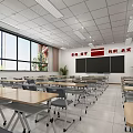 Modern School Classroom Interior With Desks Chairs Teacher's Desk Blackboard And Windows