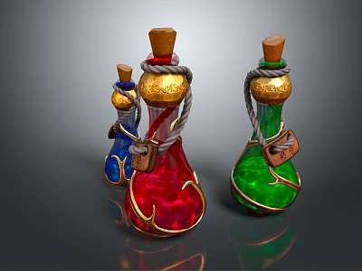 Colorful Decorative Glass Bottles With Cork Stoppers Golden Ropes And Tags 3d model