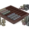 Colored Poker Chips in Brown Tray with Rows and Stacked Chips for Casino Entertainment