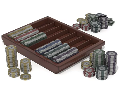 Colored Poker Chips in Brown Tray with Rows and Stacked Chips for Casino Entertainment 3d model