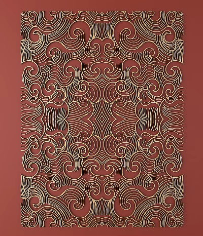 Decorative Carving Design With Gold Wave Lines On Red Background And Symmetric Patterns 3d model