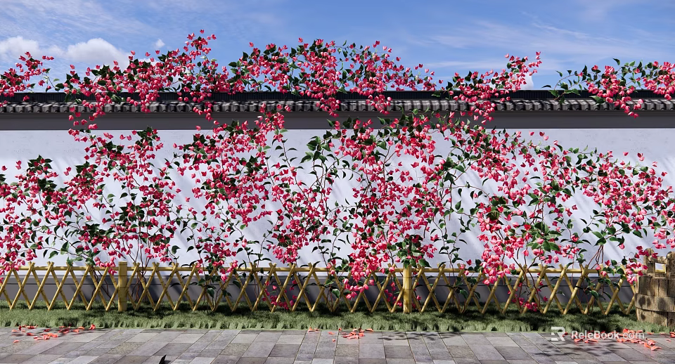 Vines With Red Flowers Covering White Wall And Golden Fence Under Blue Sky 3d model 