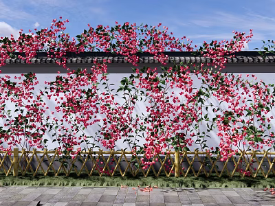 Vines With Red Flowers Covering White Wall And Golden Fence Under Blue Sky 3d model