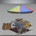 Colorful Umbrella Covered Bicycle Food Stall With Wooden Crates And Trash Bin