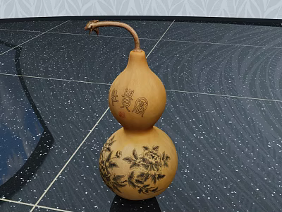 Gourd Shaped Decorative Ornament Set With Carved Patterns And Chinese Characters On Speckled Floor 3d model