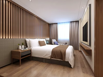 Modern Bright Hotel Room With Wooden Walls Flooring White Bed Brown Blanket Nightstand And TV 3d model