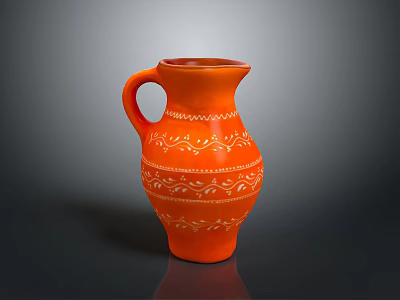Orange Ceramic Jug With White Patterned Decorative Design And Handle 3d model