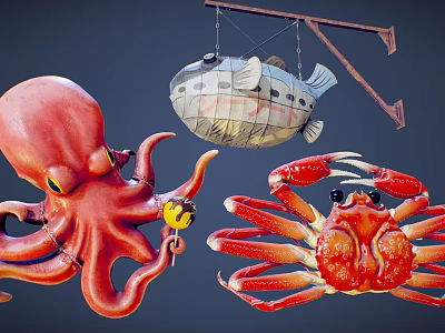 Aquatic Animals Red Octopus And Crab With Vintage Diving Bell In Dark Blue Background 3d model