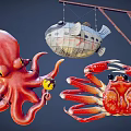 Aquatic Animals Red Octopus And Crab With Vintage Diving Bell In Dark Blue Background