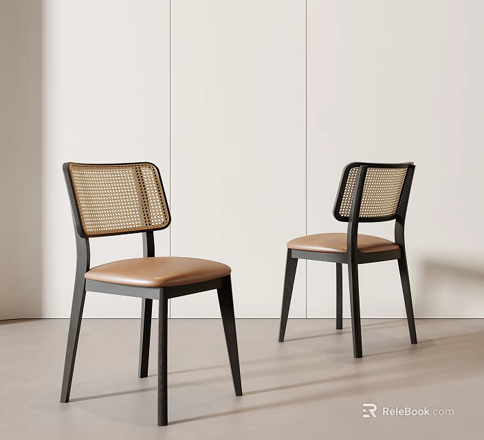 Modern Minimalist Dining Chairs With Wicker Backrests Light Brown Seats And Black Legs 3d model 