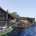 Picturesque Traditional Commercial Street With River Greenery Boat And Scenic Architecture