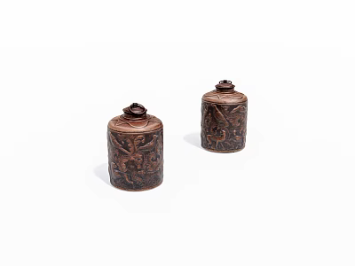 Two Brown Carved Decorative Jars With Intricate Patterns And Lids 3d model