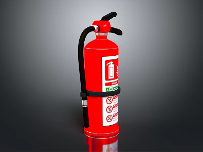 Red Fire Extinguisher with Black Handle Nozzle Safety Labels and Instruction Symbols 3d model