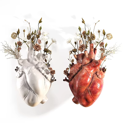 Floral Installation Featuring White And Red Heart Shaped Sculptures Decorated With Mixed Flowers Greenery 3d model