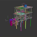 Industrial Multi Layered Steel Structure With Colored Pipes Equipment And Yellow Pipeline Lines