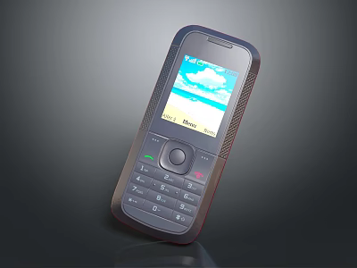 Old Feature Mobile Phone With Keypad And Scenic Screen Display Blue Sky White Cloud Beach 3d model